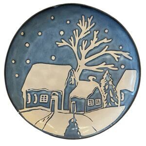 Eli + Ana Christmas Blue Nite Winter Snowy Cabin Salad Plates 8in Set of 4 NEW